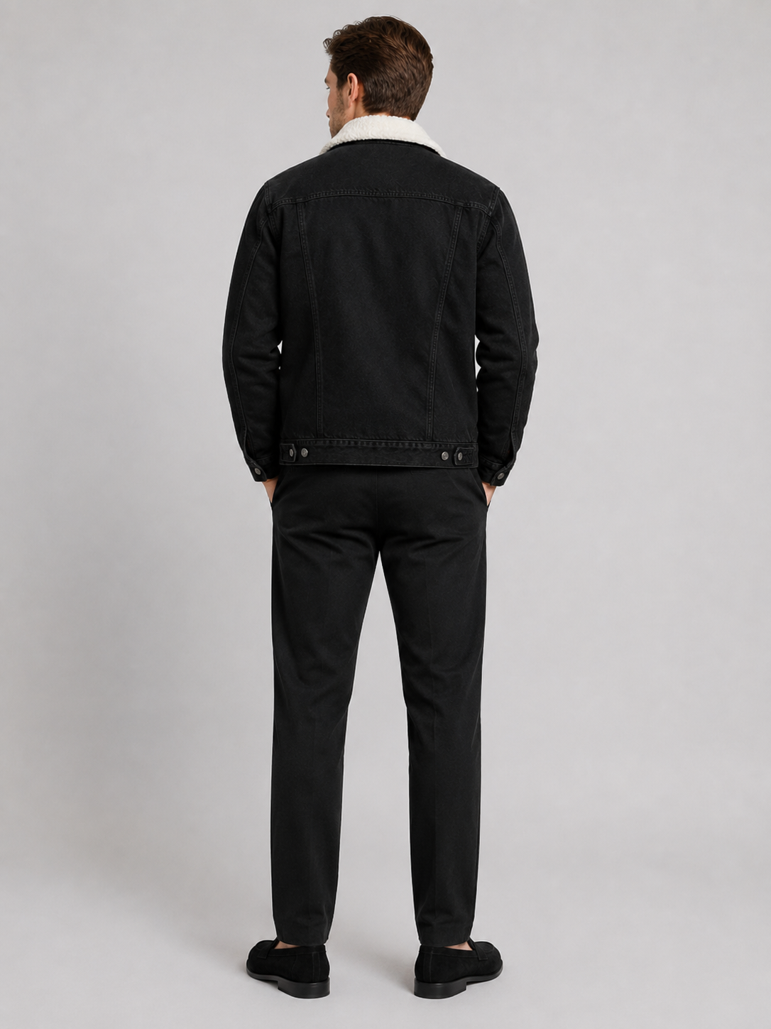 Men's fleece-lined denim jacket – Black back view – Edward & Lawsen