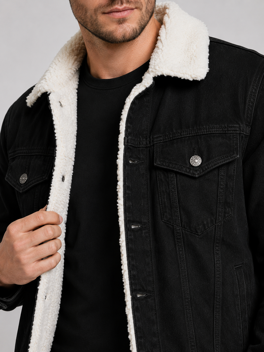 Men's fleece-lined denim jacket – Black detail view – Edward & Lawsen