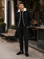 Men's fleece-lined denim jacket – Black lifestyle view – Edward & Lawsen