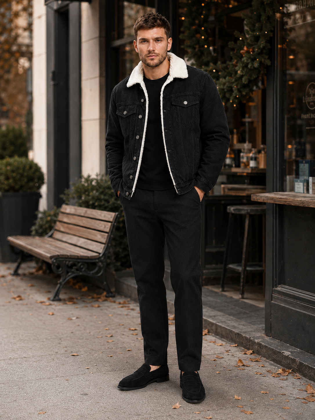 Men's fleece-lined denim jacket – Black lifestyle view – Edward & Lawsen