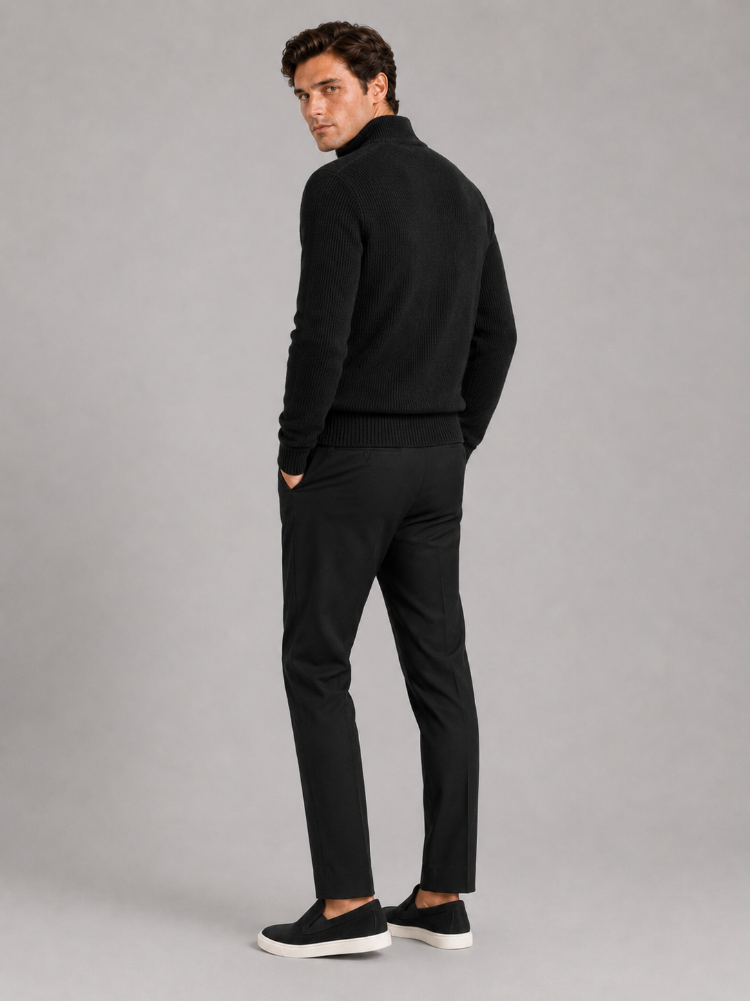 Men's half zip sweater – Black back view – Edward & Lawsen