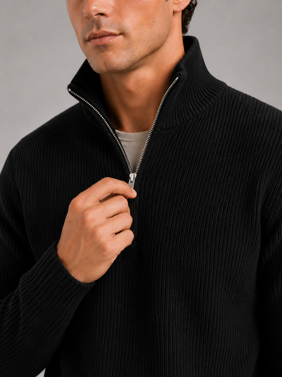 Men's half zip sweater – Black detail view – Edward & Lawsen