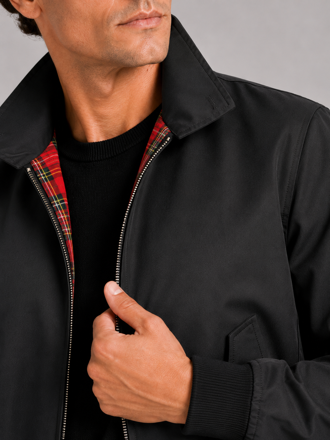Men's Harrington jacket – Black detail view – Edward & Lawsen