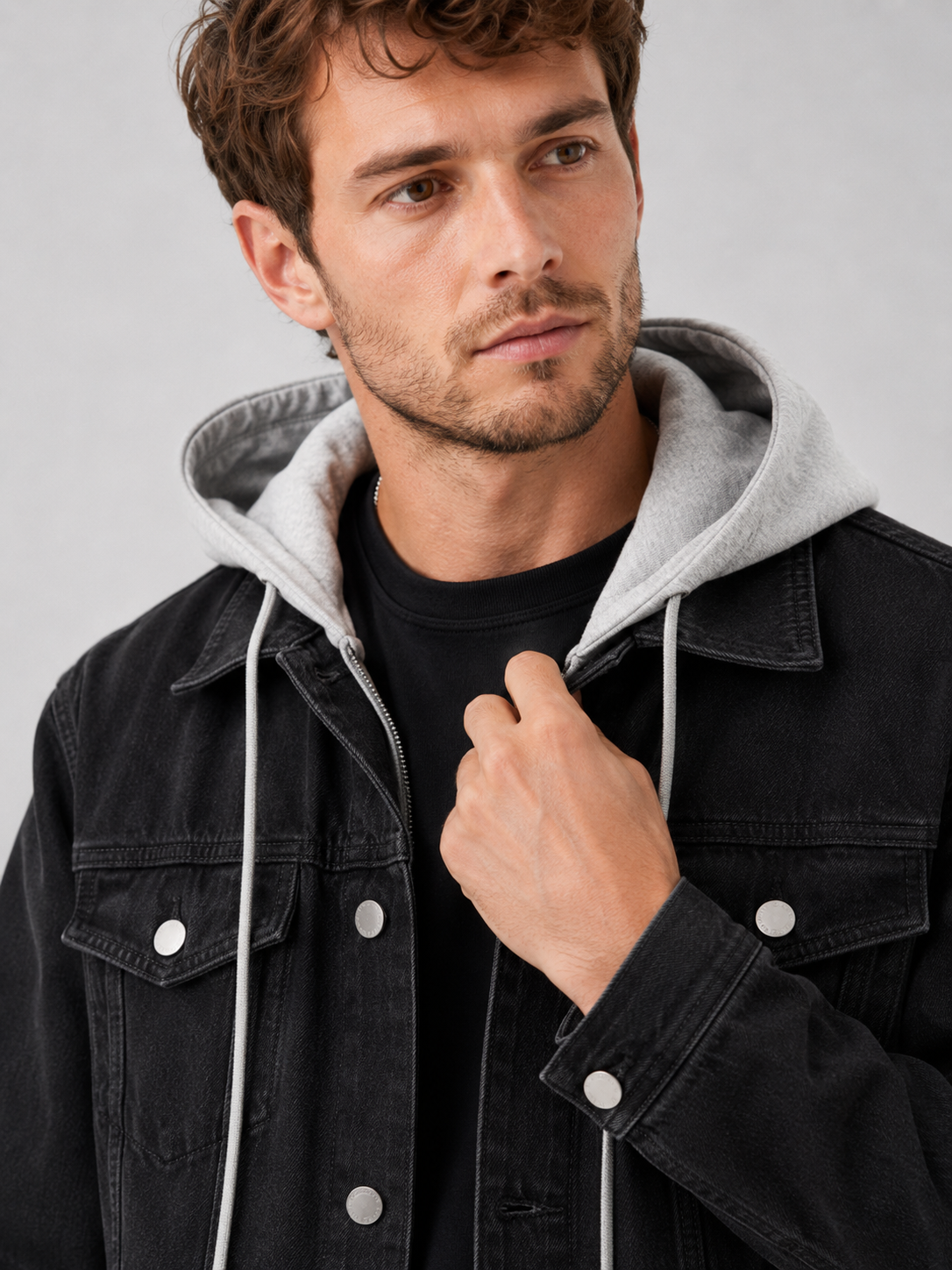 Men's hooded denim jacket – Black detail view – Edward & Lawsen