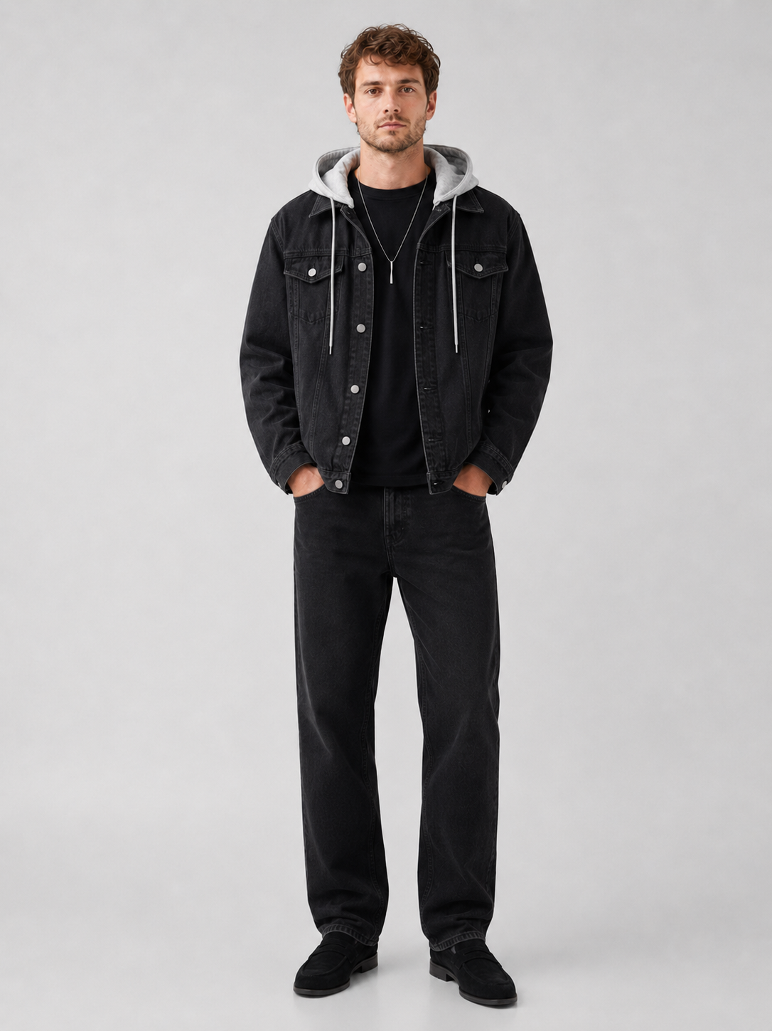 Men's hooded denim jacket – Black full view – Edward & Lawsen
