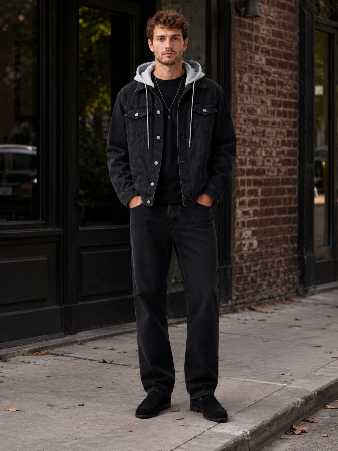 Men's hooded denim jacket – Black lifestyle view – Edward & Lawsen
