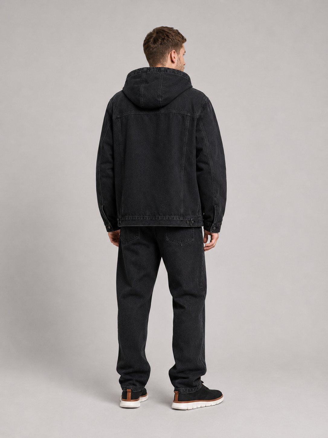 Men's hooded denim jacket – Black back view – Edward & Lawsen