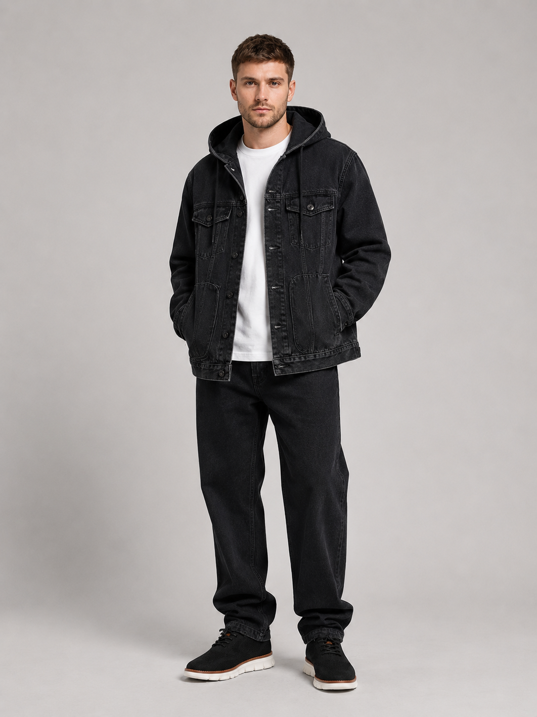 Men's hooded denim jacket – Black full view – Edward & Lawsen