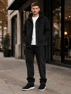 Men's hooded denim jacket – Black lifestyle view – Edward & Lawsen