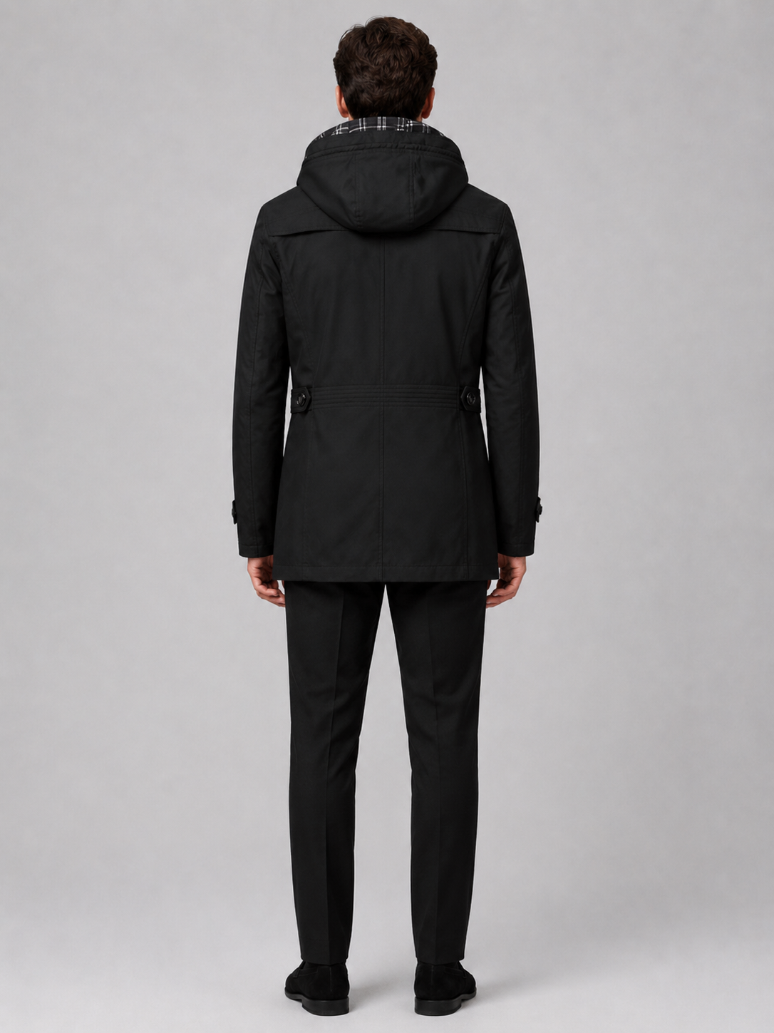 Men's hooded cotton trench coat – Black back view – Edward & Lawsen