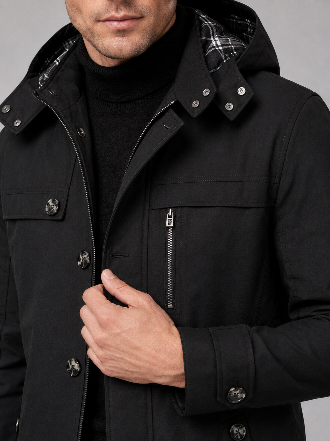 Men's hooded cotton trench coat – Black detail view – Edward & Lawsen