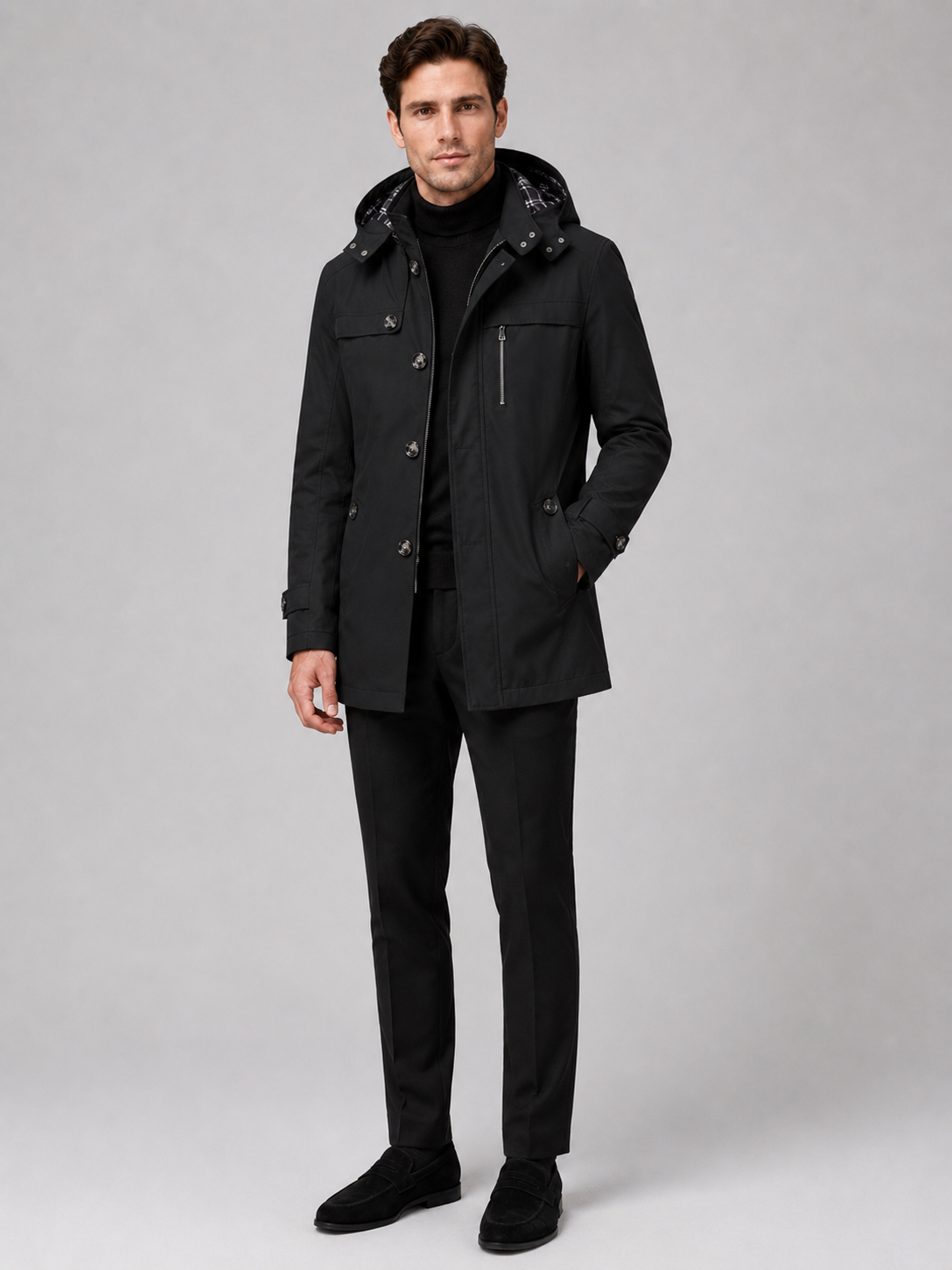 Men's hooded cotton trench coat – Black full view – Edward & Lawsen
