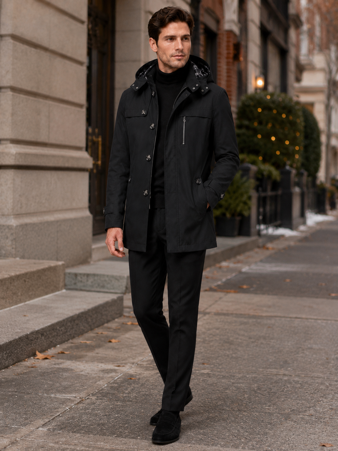 Men's hooded cotton trench coat – Black lifestyle view – Edward & Lawsen