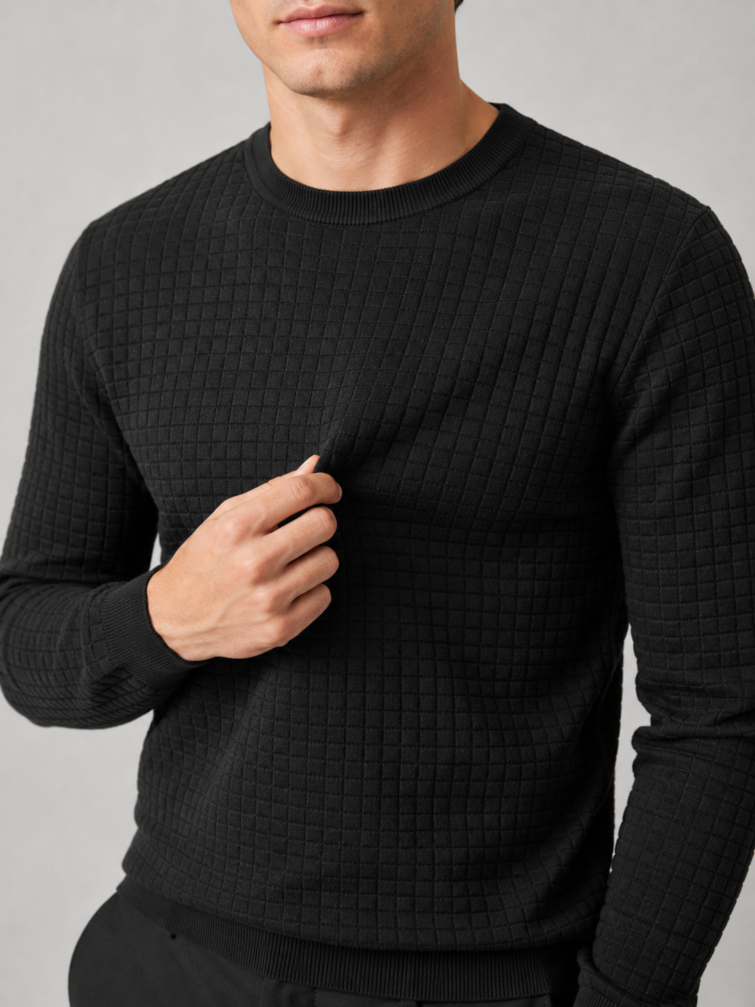 Men's jacquard crew neck sweater – Black detail view – Edward & Lawsen