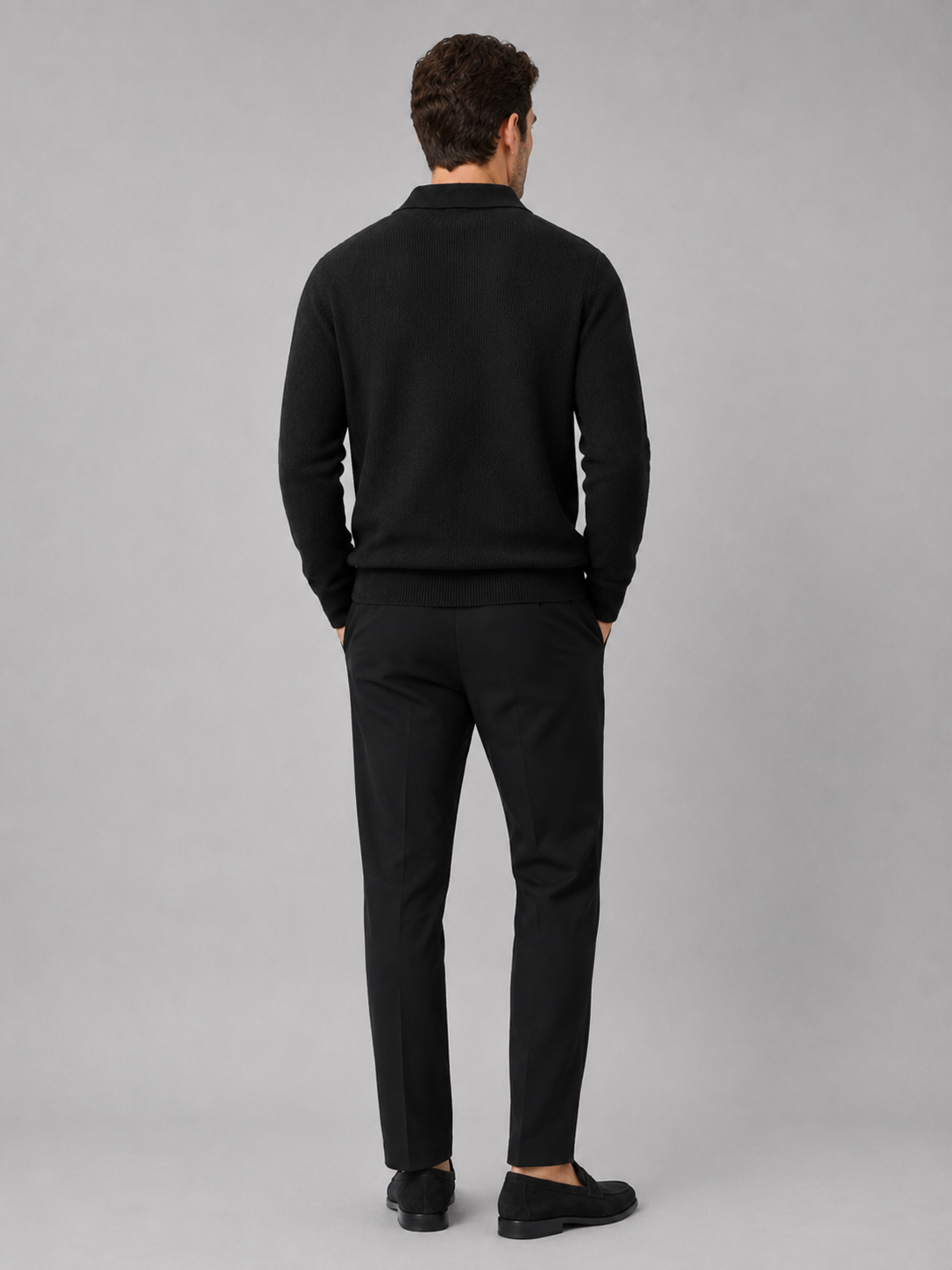 Men's Johnny collar sweater – Black back view – Edward & Lawsen