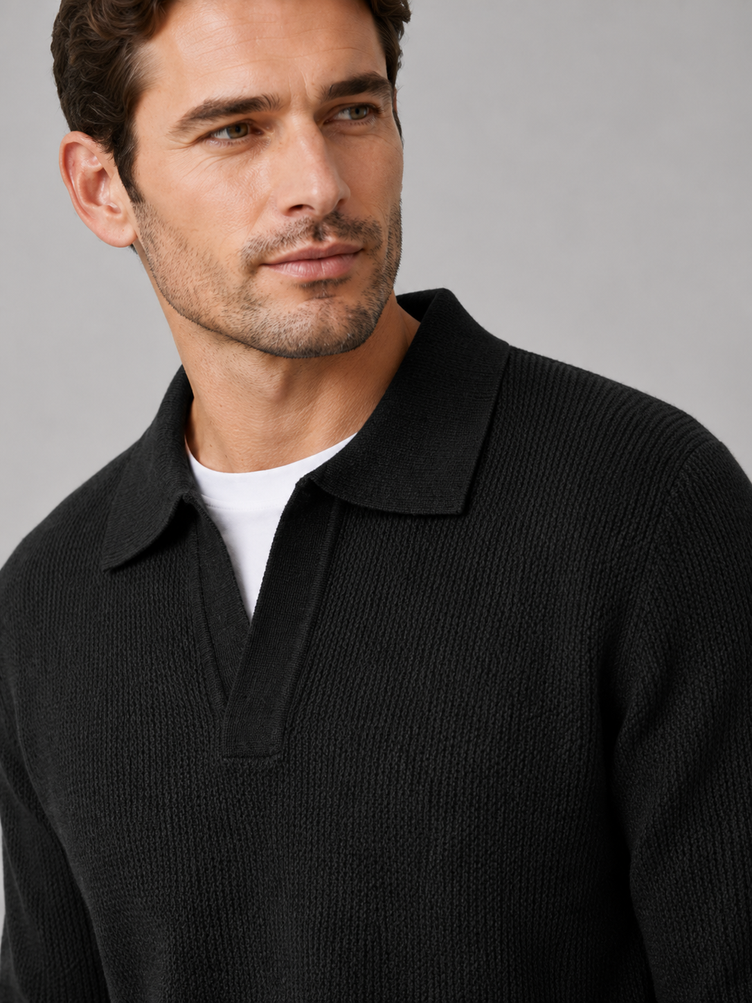 Men's Johnny collar sweater – Black detail view – Edward & Lawsen