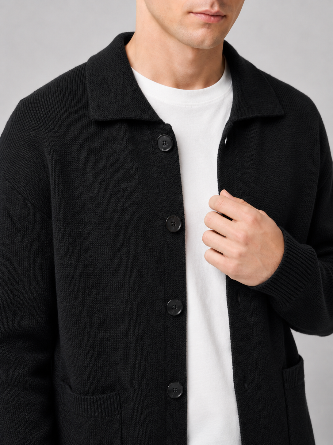 Men's cotton lapel cardigan – Black detail view – Edward & Lawsen