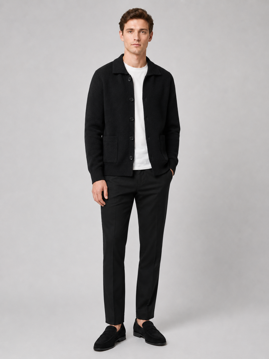 Men's cotton lapel cardigan – Black full view – Edward & Lawsen