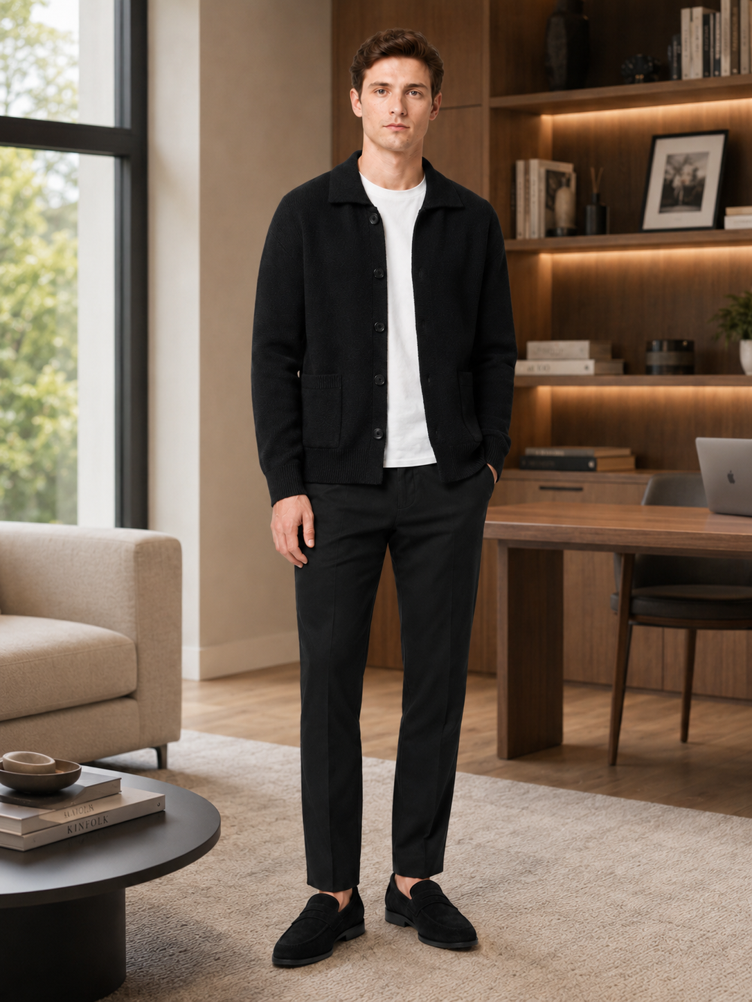 Men's cotton lapel cardigan – Black lifestyle view – Edward & Lawsen
