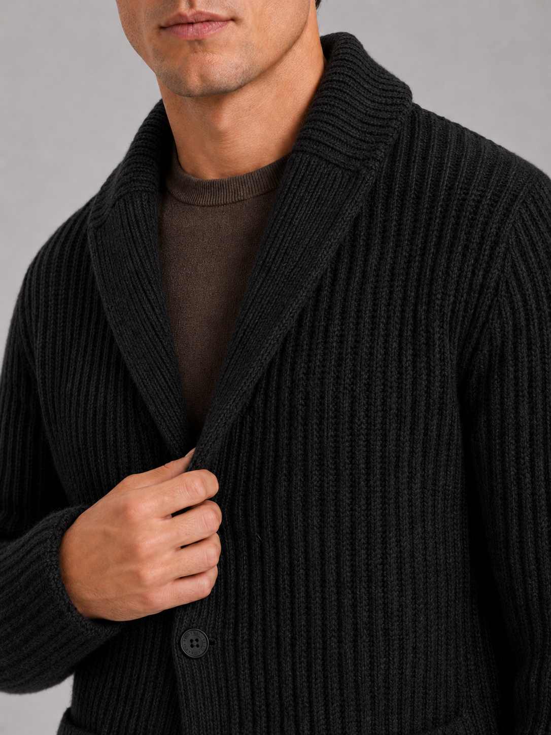 Men's knit cardigan – Black detail view – Edward & Lawsen