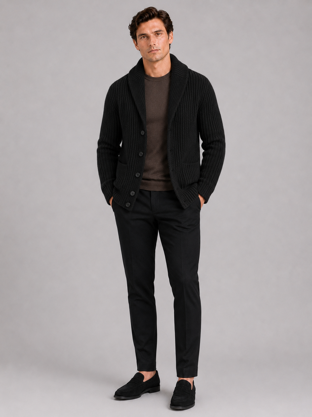 Men's knit cardigan – Black full view – Edward & Lawsen