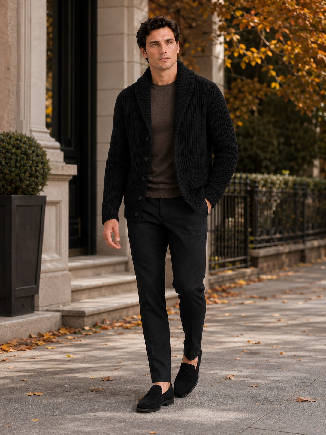 Men's knit cardigan – Black lifestyle view – Edward & Lawsen