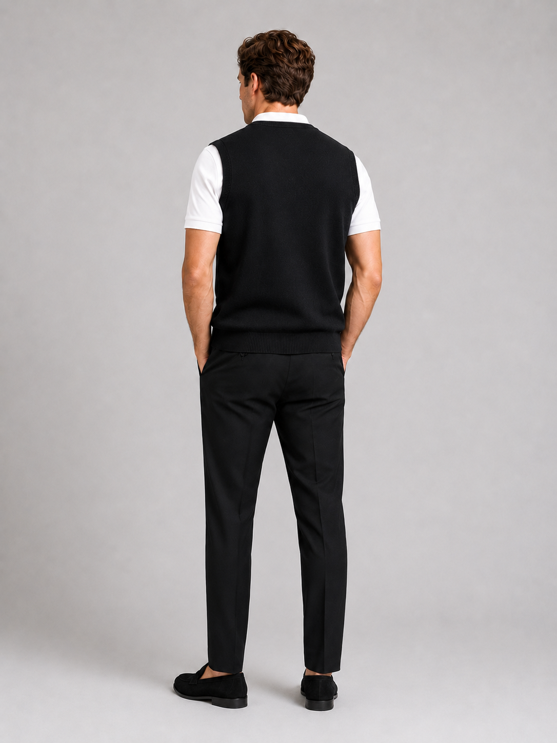 Men's knit sweater vest – Black back view – Edward & Lawsen