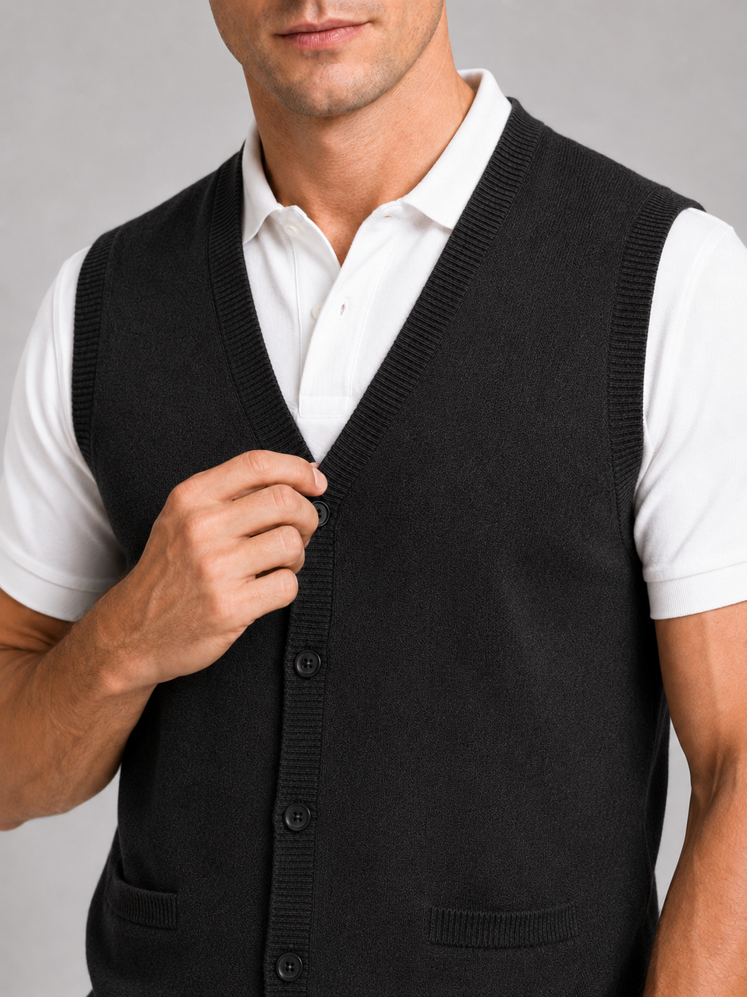 Men's knit sweater vest – Black detail view – Edward & Lawsen