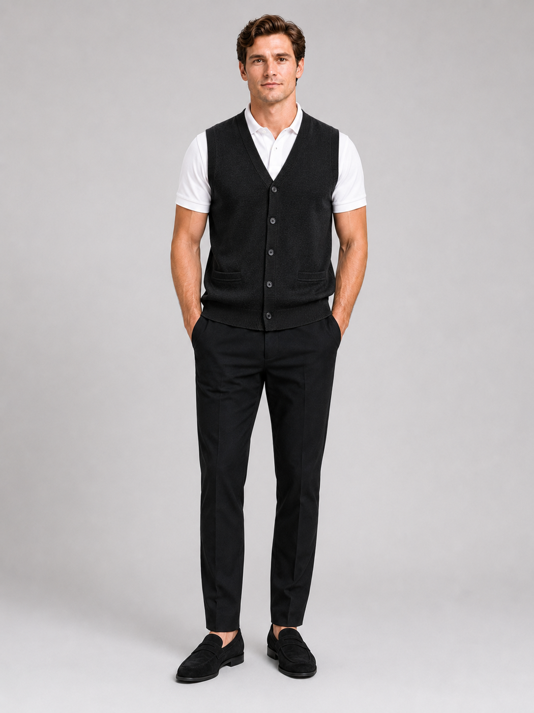 Men's knit sweater vest – Black full view – Edward & Lawsen