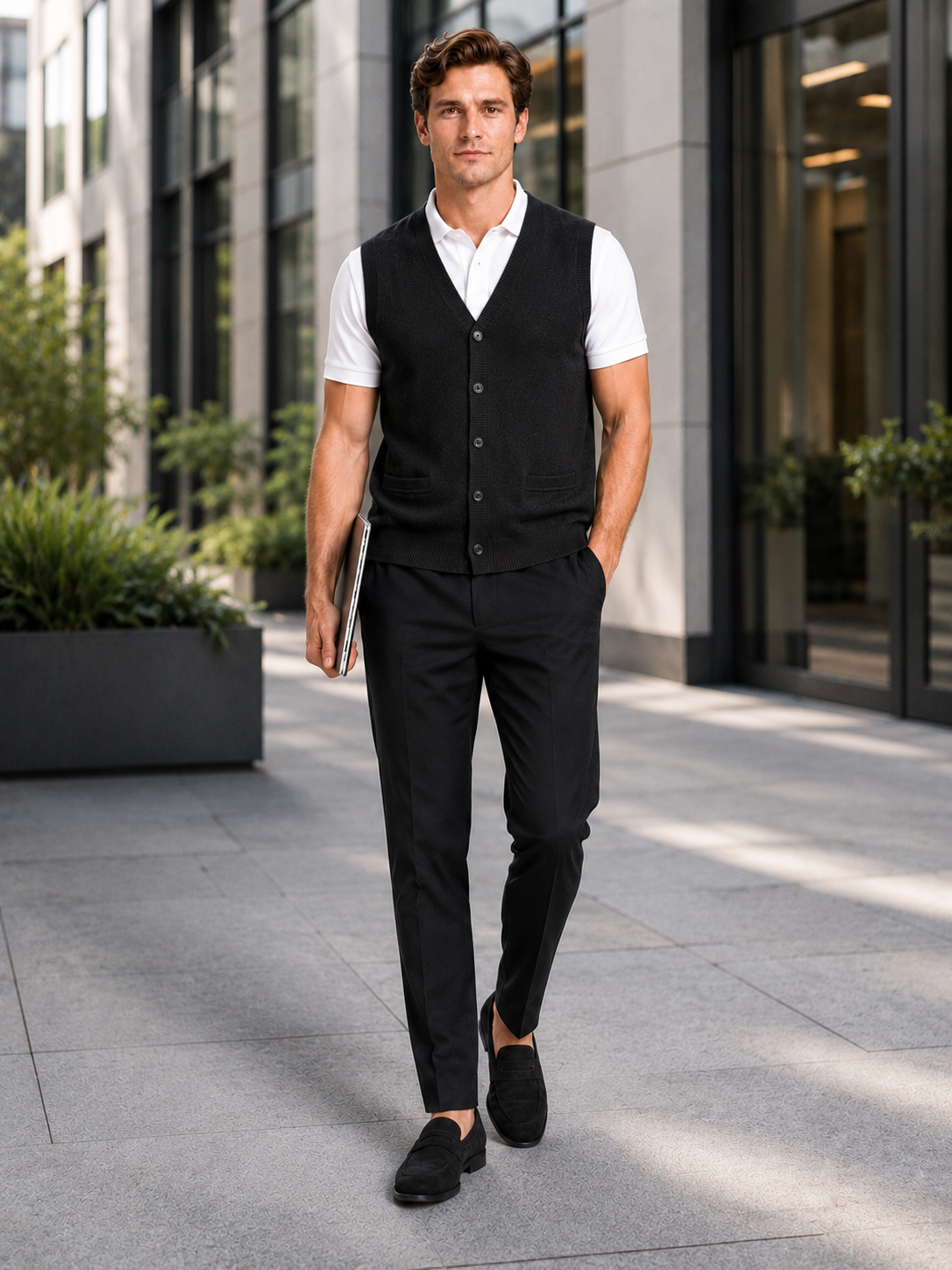 Men's knit sweater vest – Black lifestyle view – Edward & Lawsen