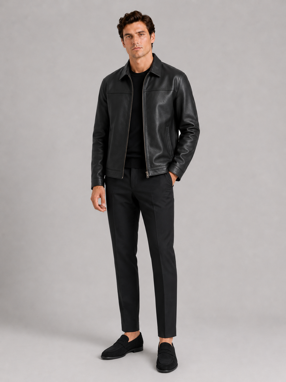 Men's leather flight jacket – Black full view – Edward & Lawsen
