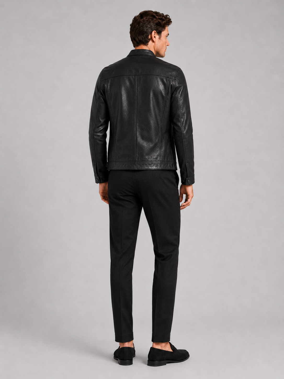 Men's leather moto jacket – Black back view – Edward & Lawsen