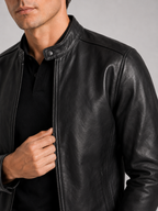 Men's leather moto jacket – Black detail view – Edward & Lawsen