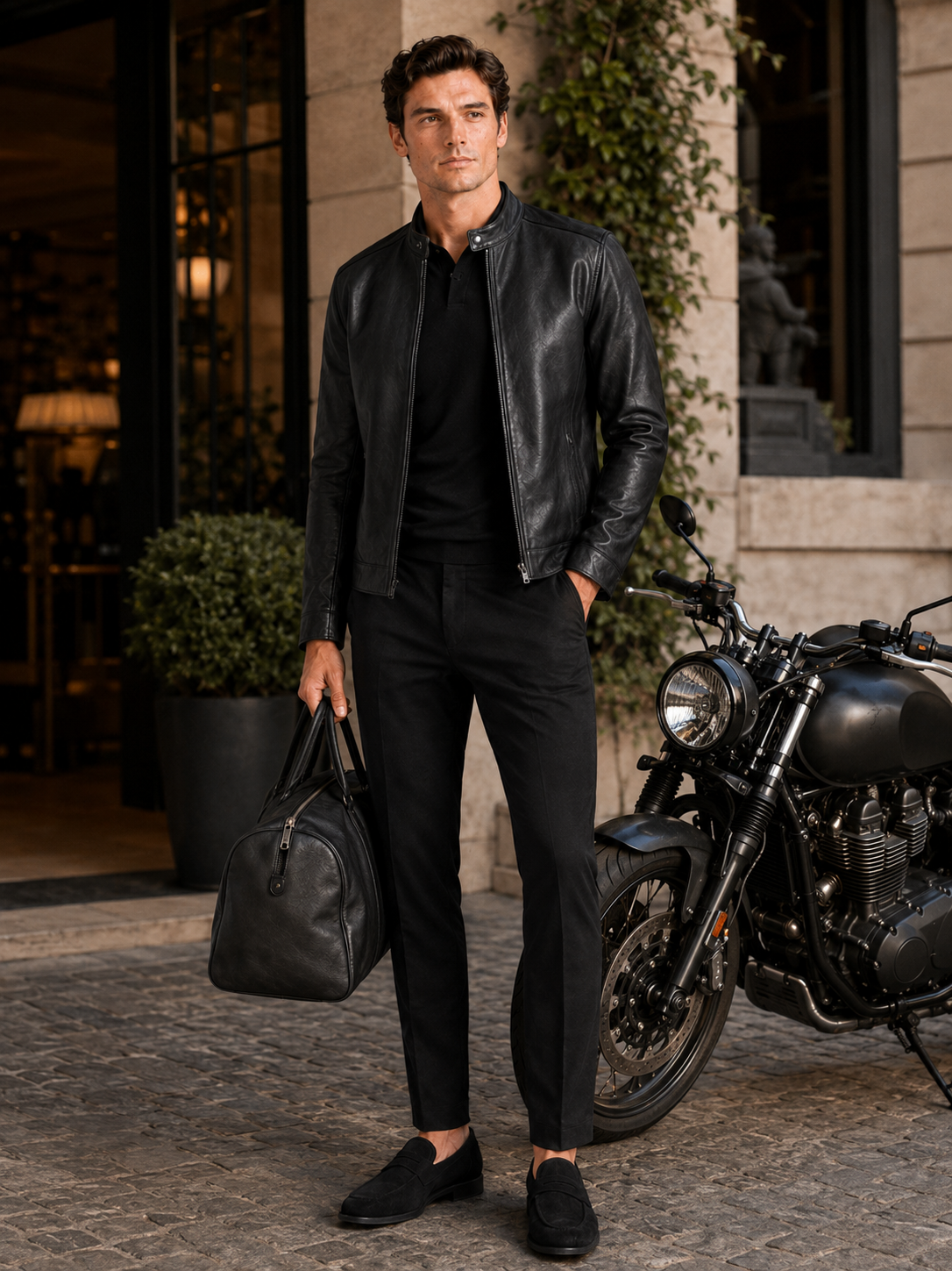 Men's leather moto jacket – Black lifestyle view – Edward & Lawsen