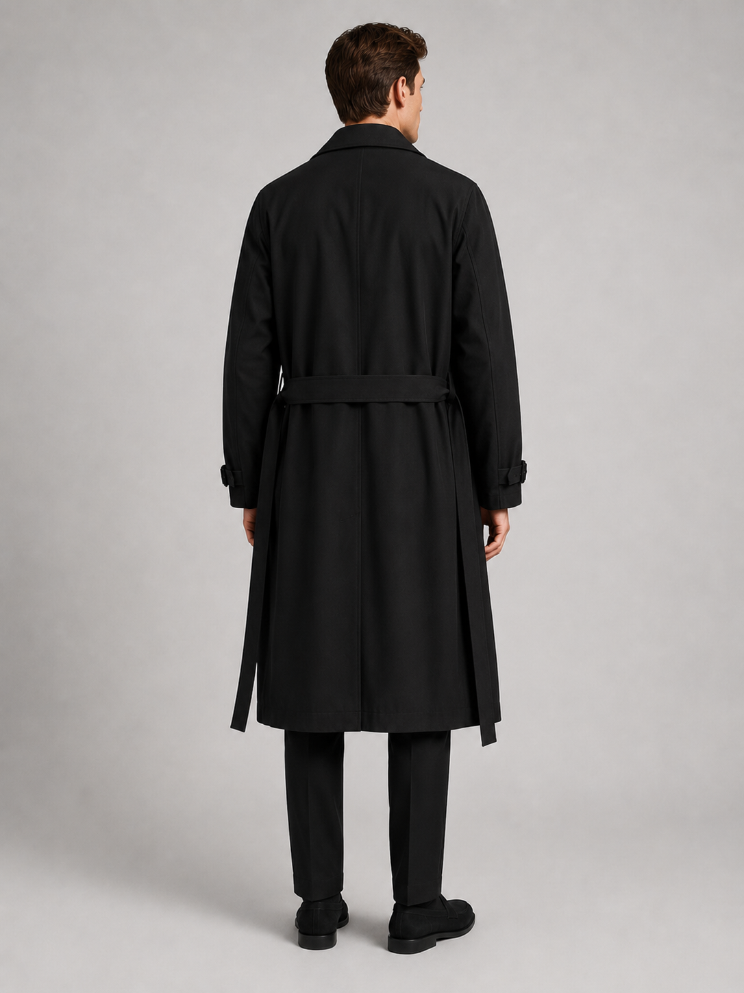 Men's over-the-knee cotton trench coat – Black back view – Edward & Lawsen