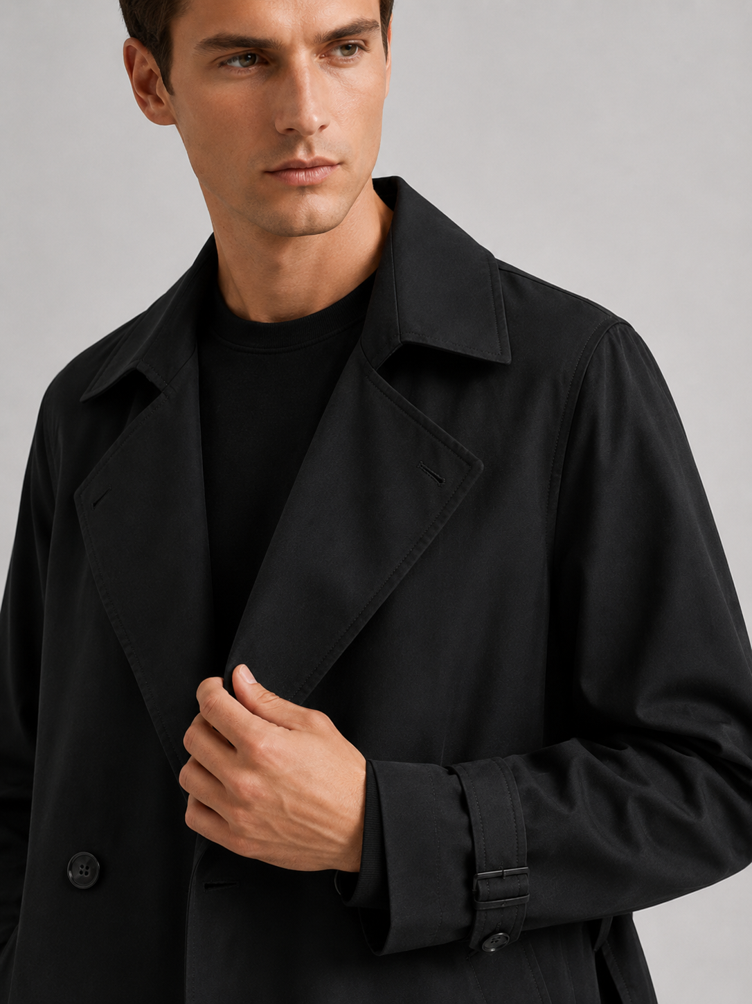 Men's over-the-knee cotton trench coat – Black detail view – Edward & Lawsen