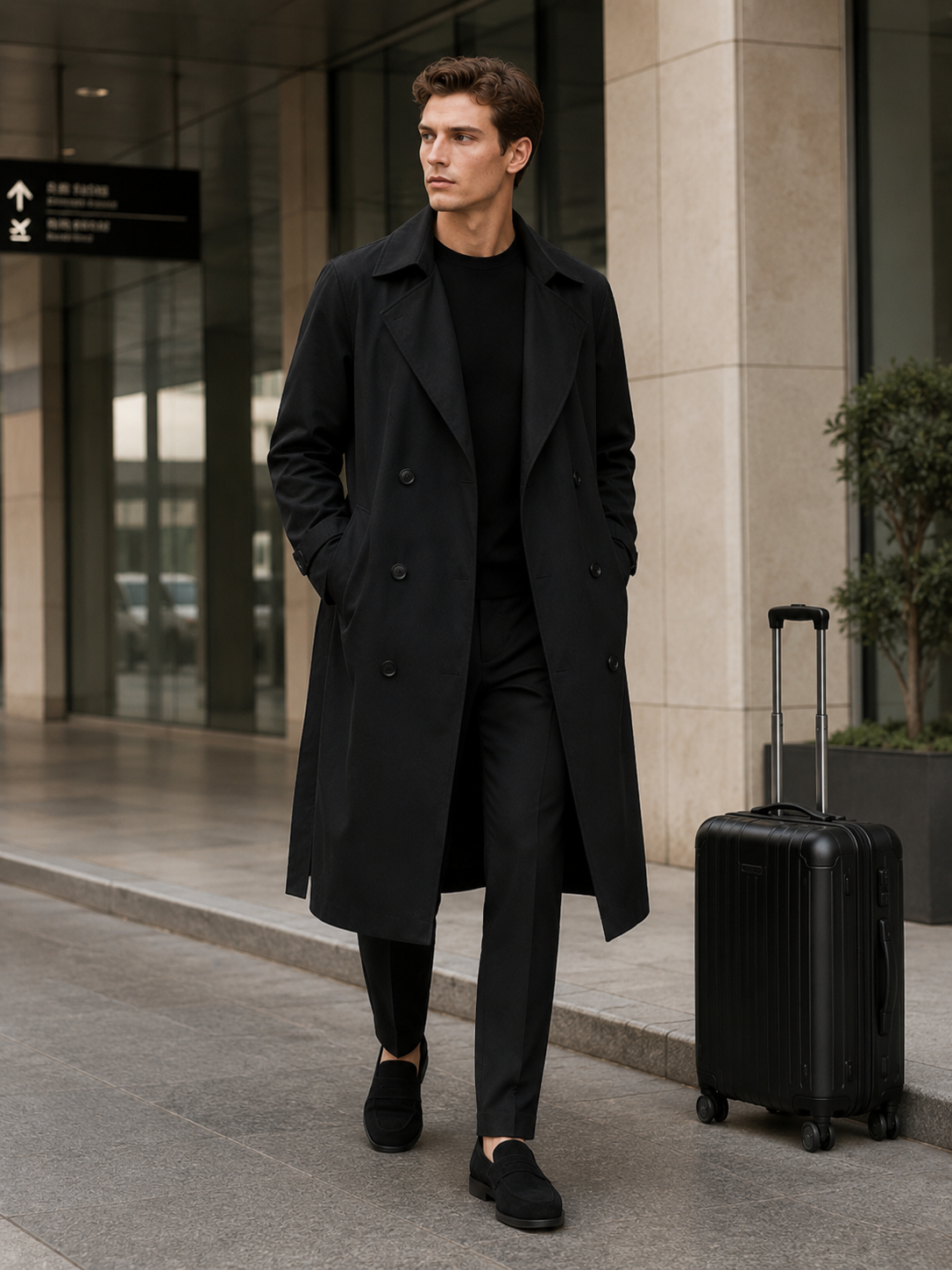 Men's over-the-knee cotton trench coat – Black lifestyle view – Edward & Lawsen
