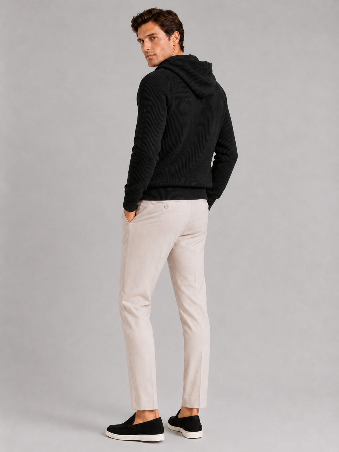 Men's merino wool zip hoodie cardigan – Black back view – Edward & Lawsen