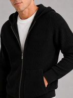Men's merino wool zip hoodie cardigan – Black detail view – Edward & Lawsen