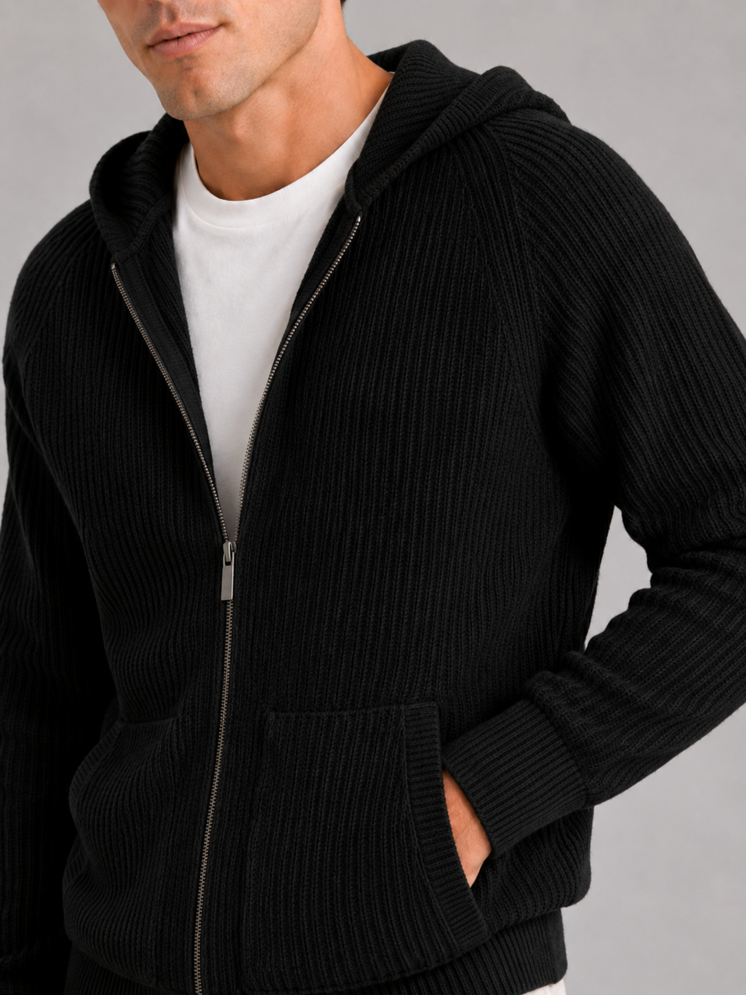 Men's merino wool zip hoodie cardigan – Black detail view – Edward & Lawsen