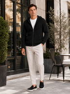 Men's merino wool zip hoodie cardigan – Black lifestyle view – Edward & Lawsen