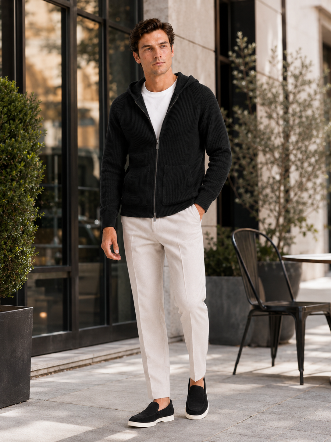 Men's merino wool zip hoodie cardigan – Black lifestyle view – Edward & Lawsen