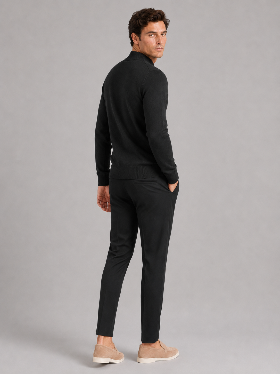 Men's slim fit mock neck sweater – Black back view – Edward & Lawsen