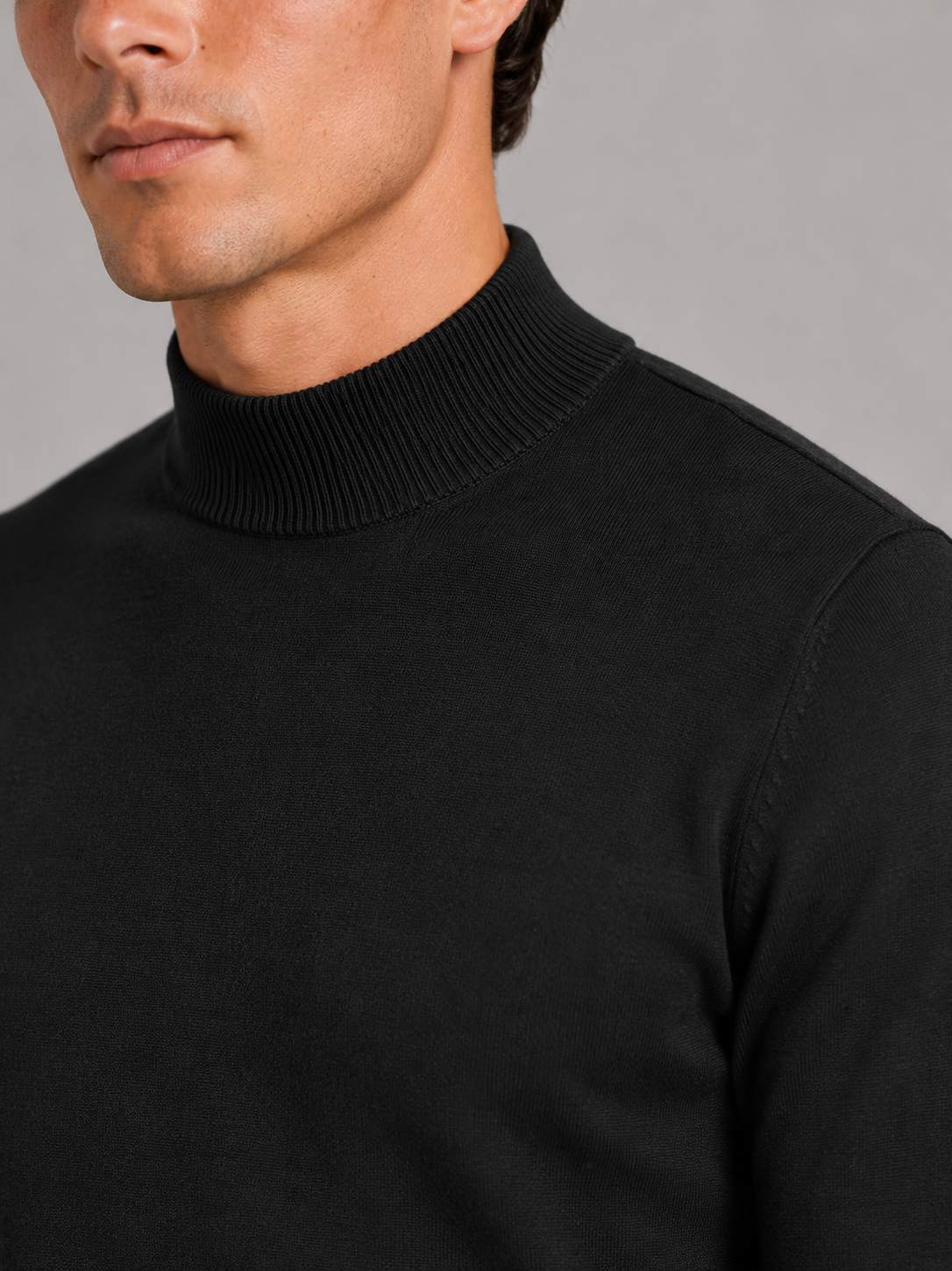 Men's slim fit mock neck sweater – Black detail view – Edward & Lawsen