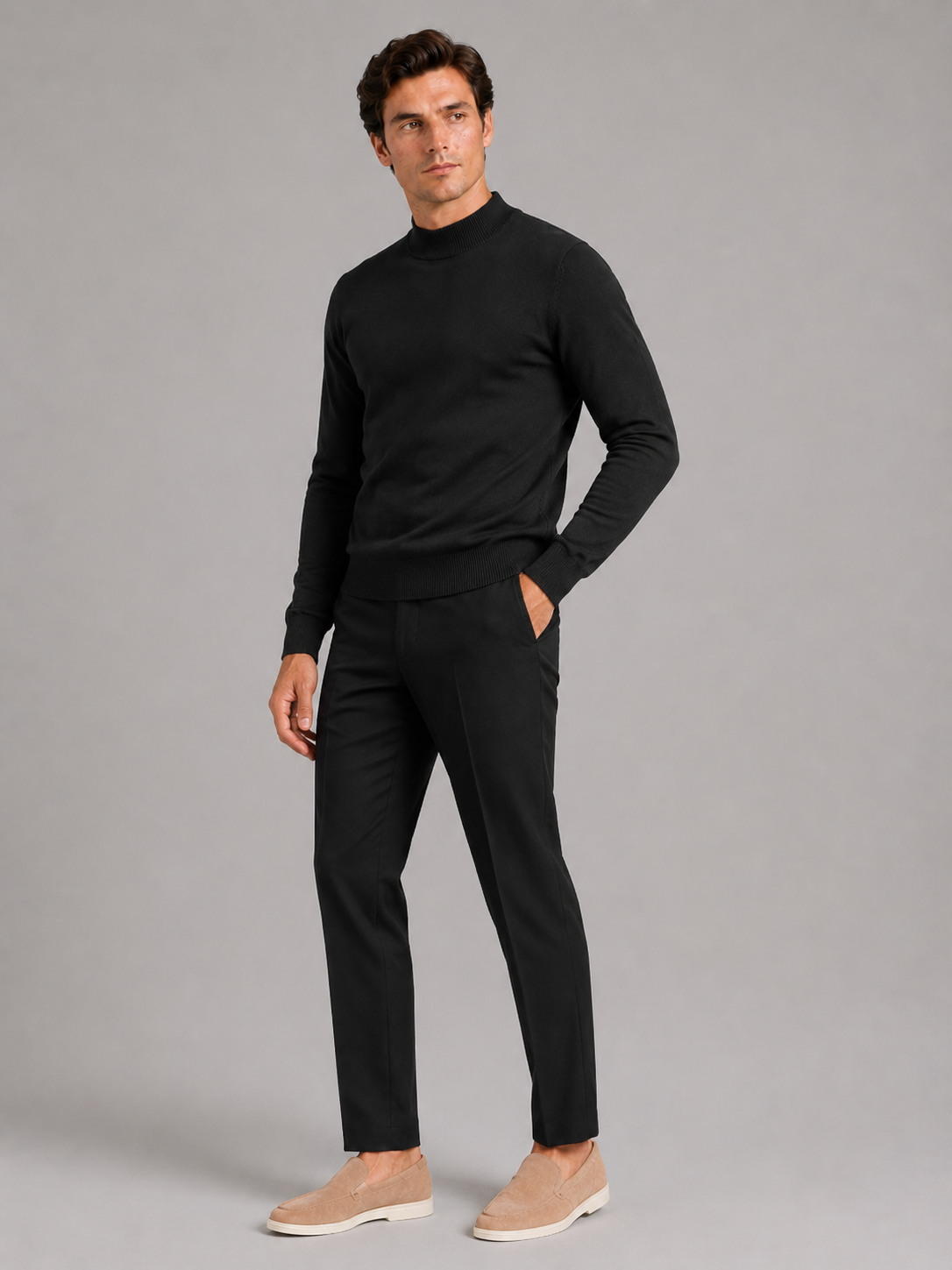 Men's slim fit mock neck sweater – Black full view – Edward & Lawsen