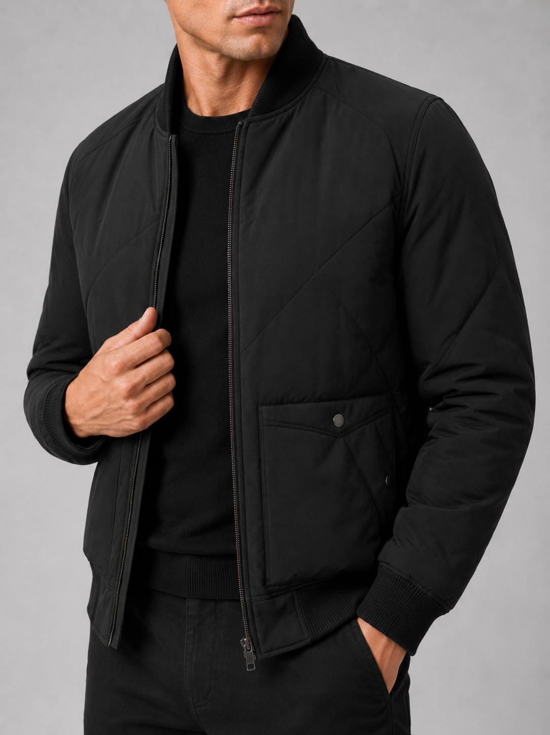 Men's baseball jacket – Black detail view – Edward & Lawsen