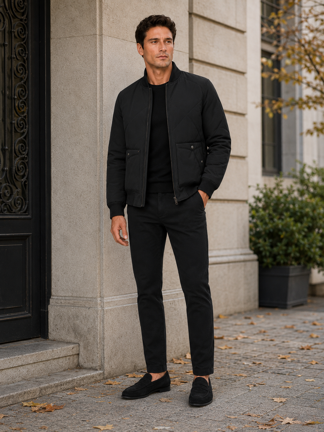 Men's baseball jacket – Black lifestyle view – Edward & Lawsen