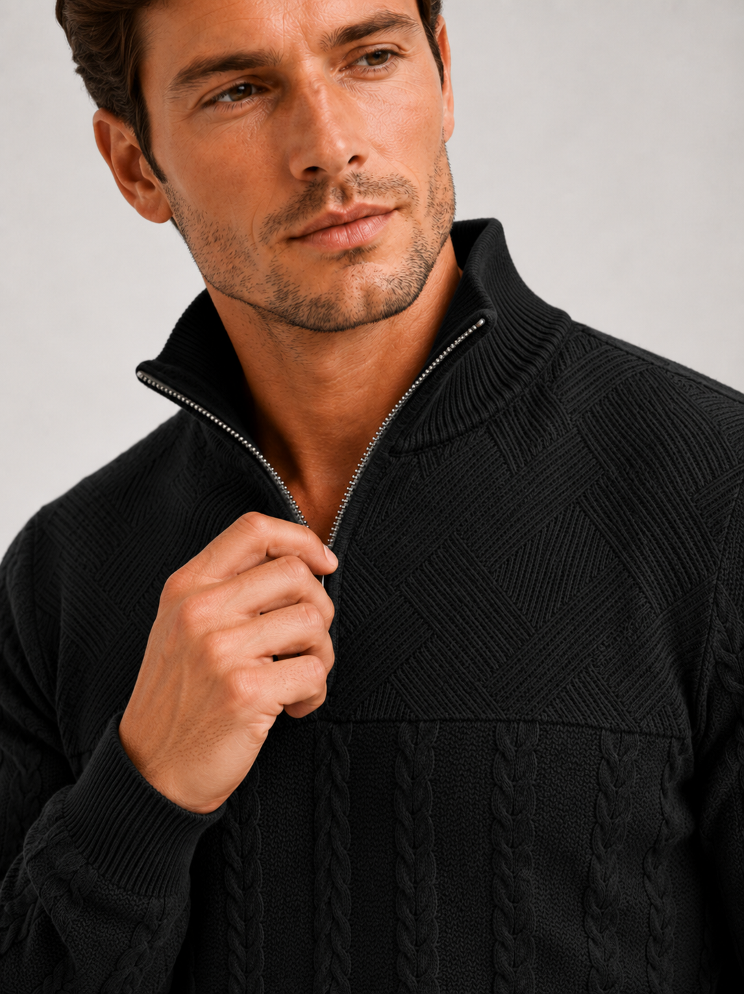 Men's jacquard quarter-zip sweater – Black detail view – Edward & Lawsen