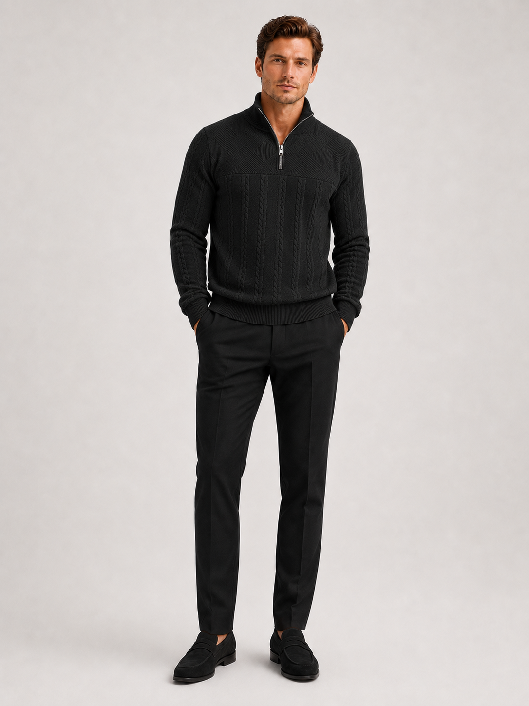 Men's jacquard quarter-zip sweater – Black full view – Edward & Lawsen