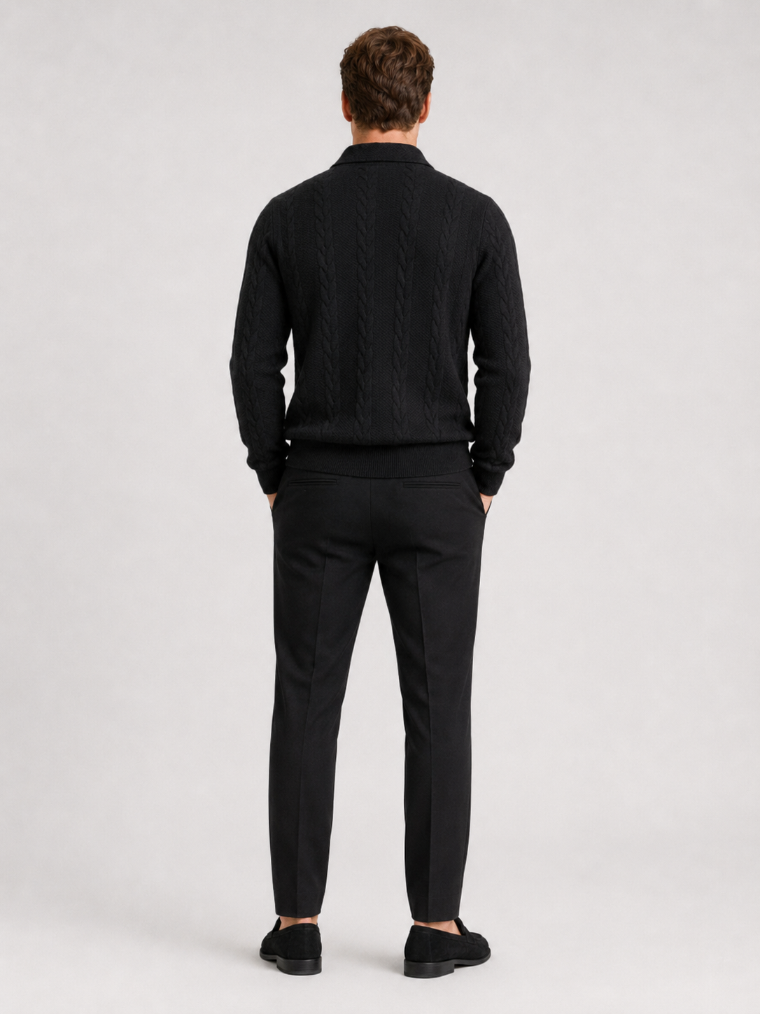 Men's quarter-zip turn-down collar sweater – Black back view – Edward & Lawsen